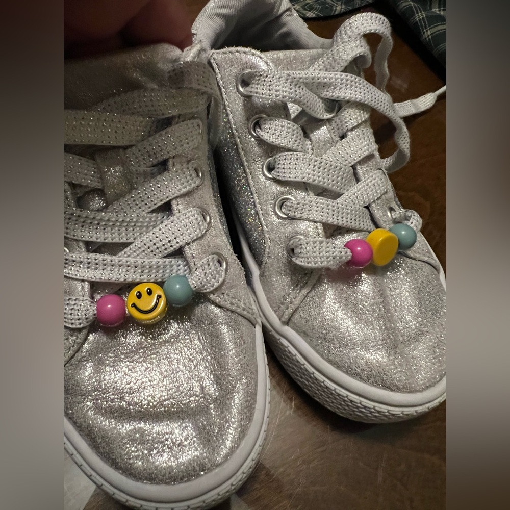 Kids Silver Glitter Lace-Up Sneakers with Smiley Bead Accents
Size 12